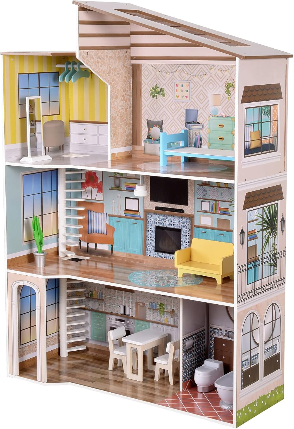Olivia's Little World Současný středomořský styl 3patrový interaktivní dřevěný domeček pro panenky pro děti se 17 doplňky k nábytku pro panenky Vícebarevná TD-13551B