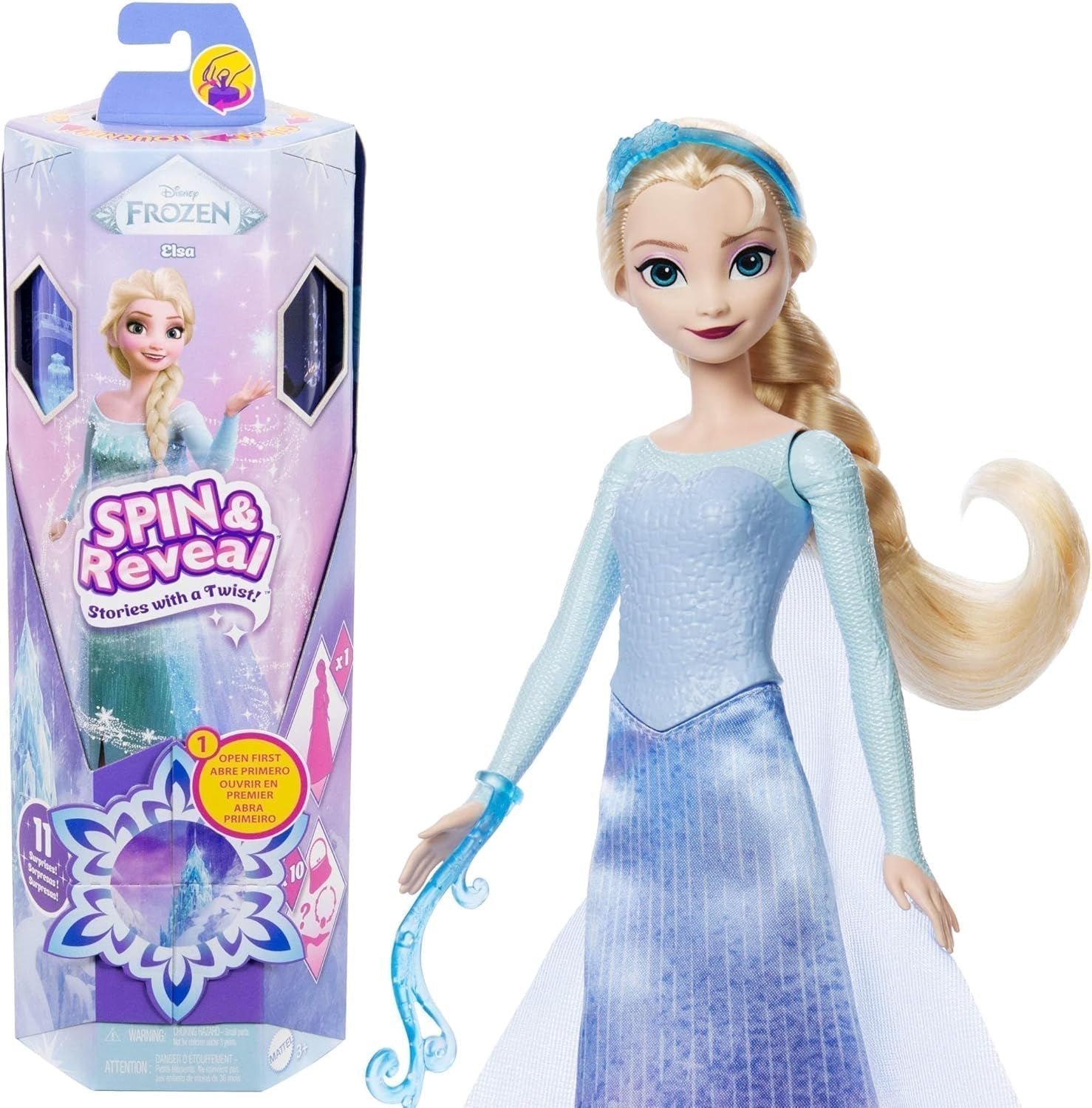 Mattel Disney Sada módních panenek Ice Queen Elsa, Spin & Reveal s 11 překvapeními, včetně 5 doplňků, 5 samolepek a scénky, inspirované filmem Disney, HTG25 Dolls Naty Shop Sada módních panenek Elsa