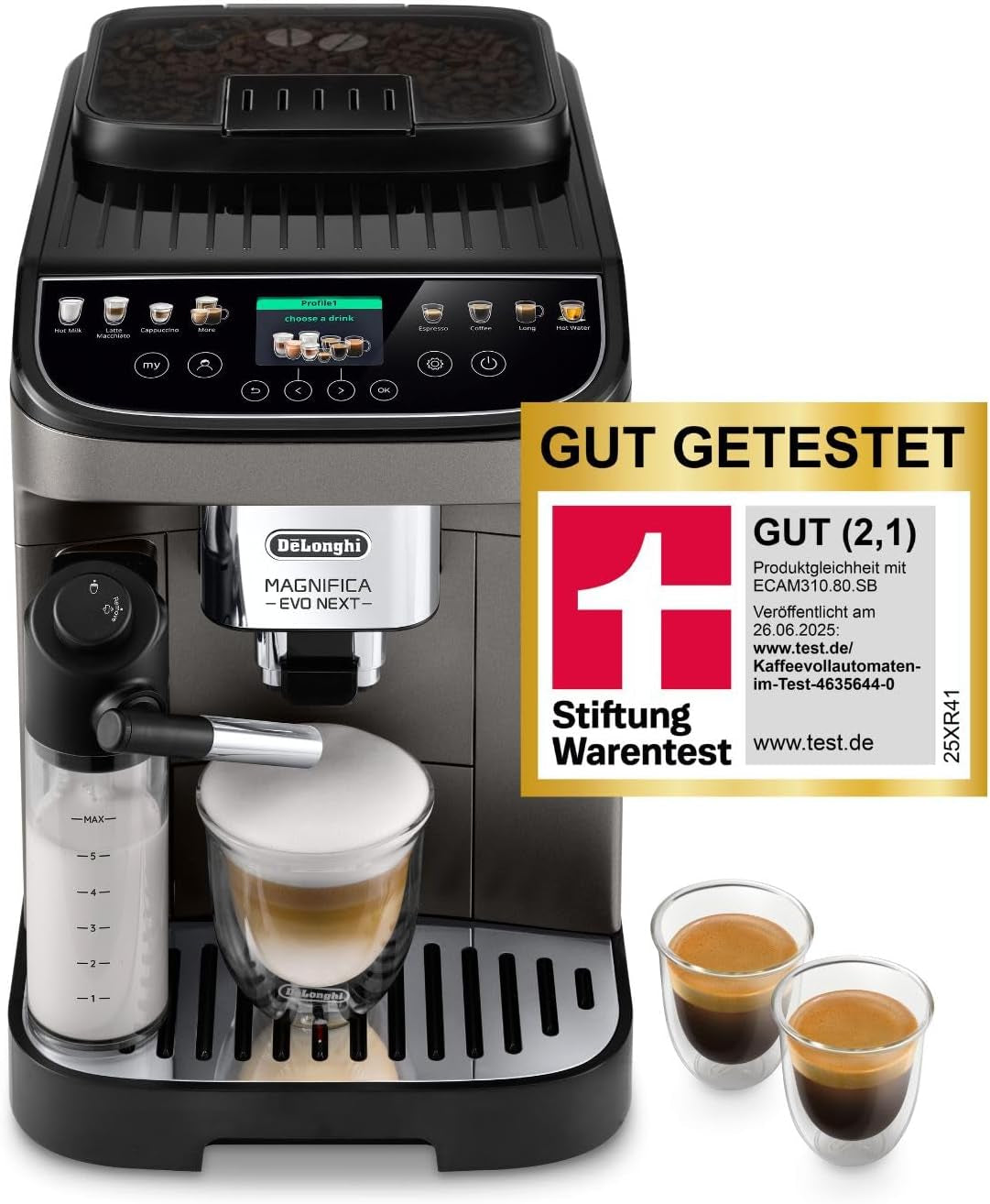 De'Longhi Magnifica Evo Next – plně automatický espressor Perfetto s napěňovačem mléka LatteCrema, 13 nápojů jedním dotykem, kávovar a cappuccino, barevný dotykový displej, titan (ECAM312.80.TB)