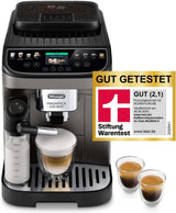 De'Longhi Magnifica Evo Next – plně automatický espressor Perfetto s napěňovačem mléka LatteCrema, 13 nápojů jedním dotykem, kávovar a cappuccino, barevný dotykový displej, titan (ECAM312.80.TB)