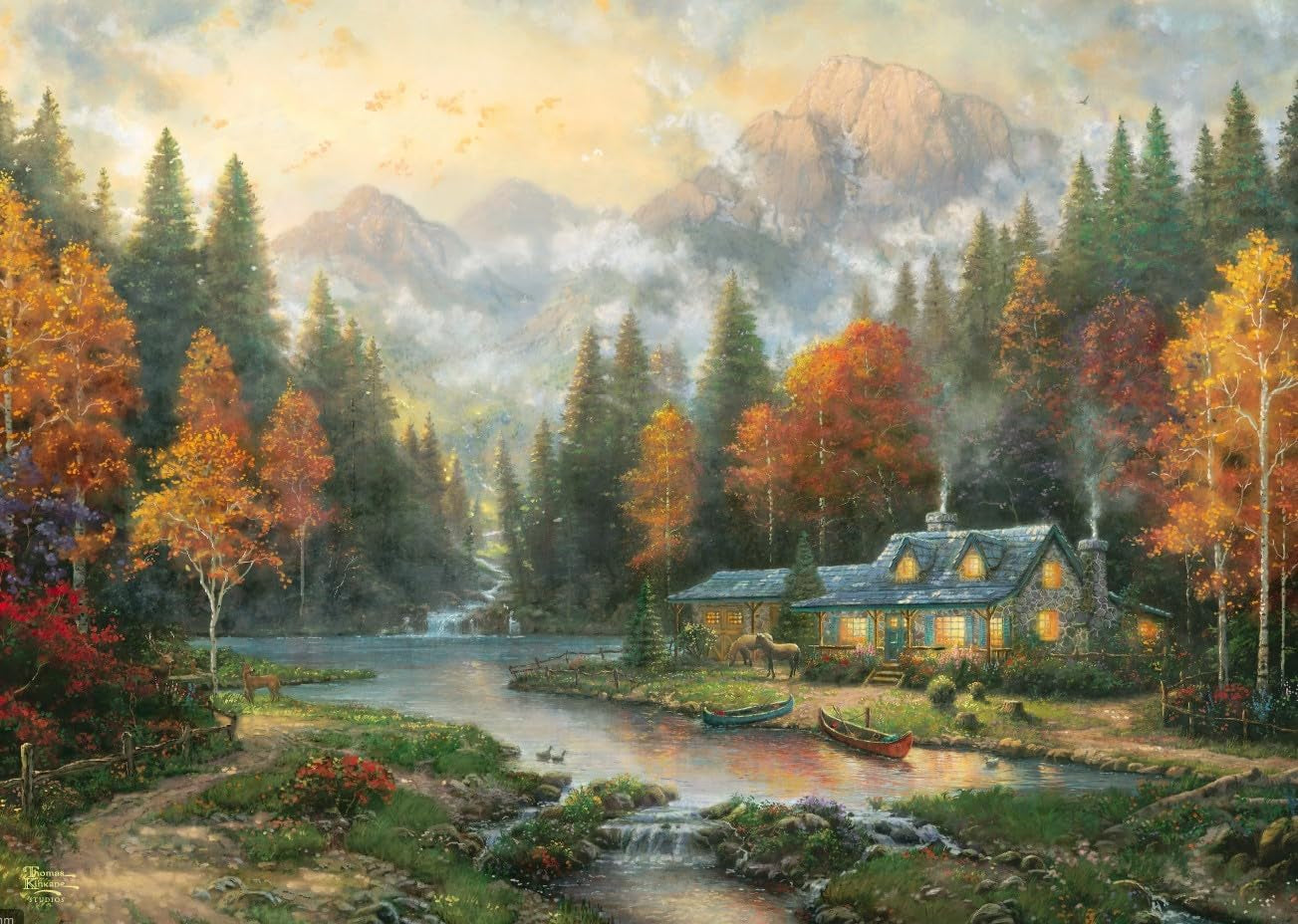 Schmidt Spiele 58784 Thomas Kinkade, Večer u podzimního jezera, skládačka 1000 dílků, barevné Puzzle Naty Shop