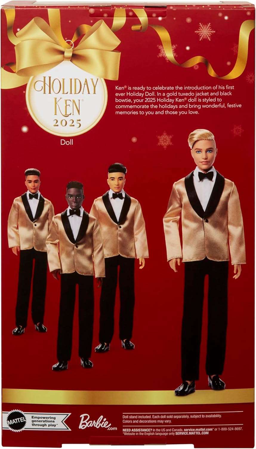 Barbie Signature 2025 sváteční blondýnka Ken Modepuppe zum Sammeln v kompletu Anzug se Goldener Jacke v Einer Verpackung zum Ausstellen und mit Puppenständer, JGK55