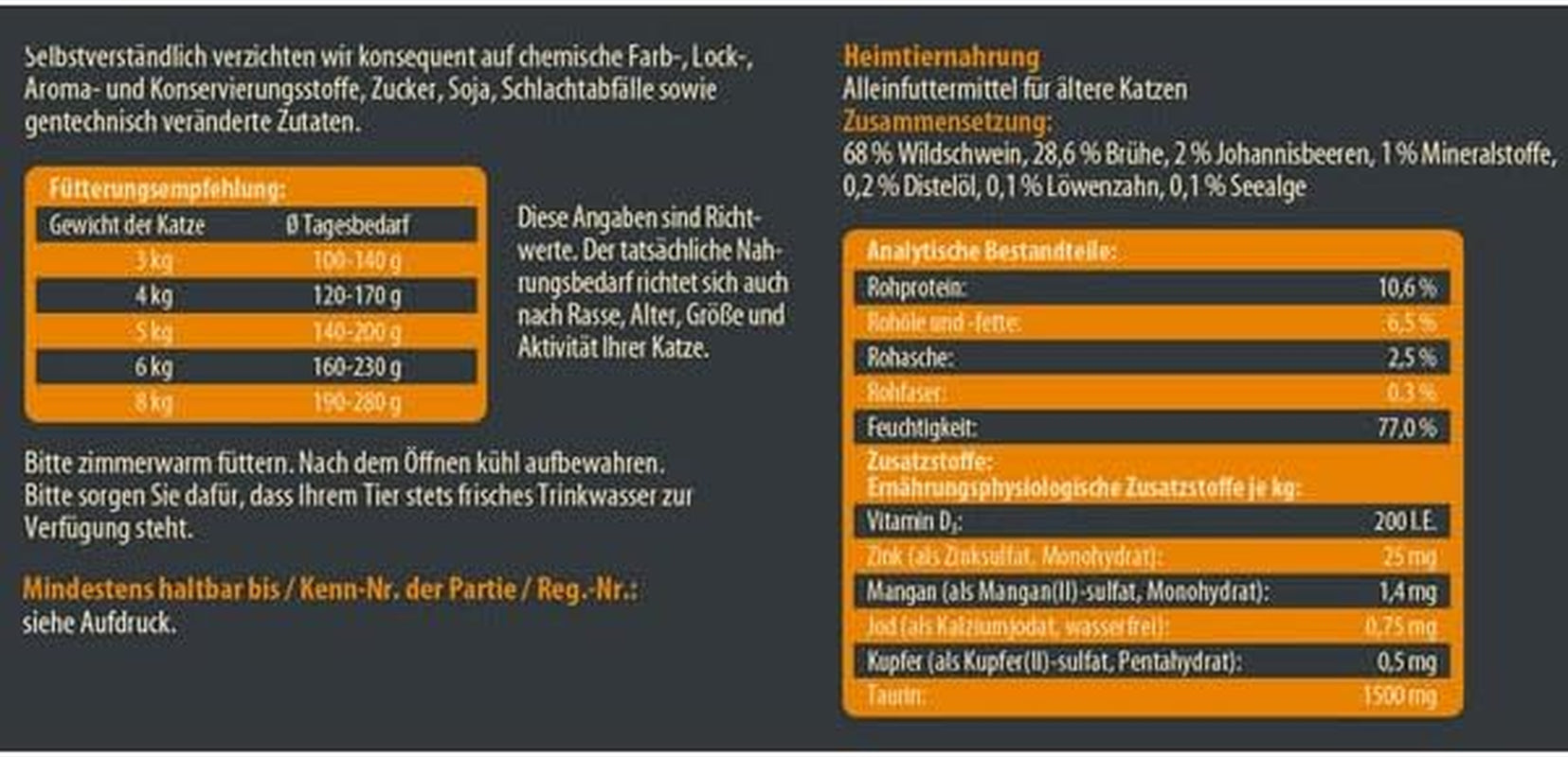 Dehner Wild Nature Katzenfutter Unterholz, Nassfutter getreidefrei / zuckerfrei, für ältere Katzen, Wildschwein, 6 x 400 g Dávka, (2,4 kg)