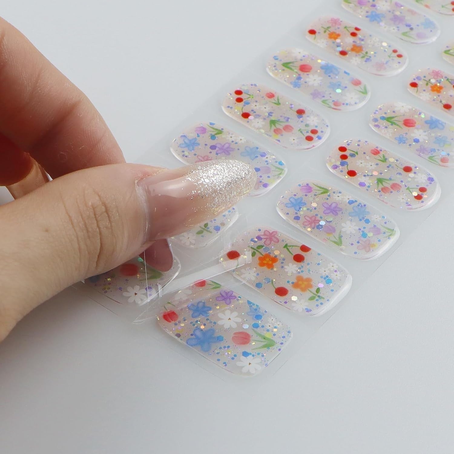 JMEOWIO Nagelfolie UV Härtend Bunter Blumenglitzer UV gelové proužky na nehty Nálepka na nehty Nagelaufkleber Nail Art Dekoration Nageldesign Zubehör