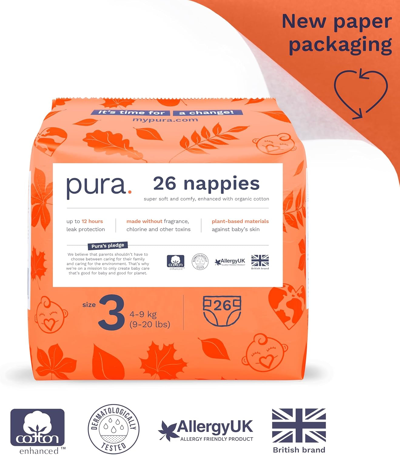 Ekologické dětské plenky – velikost 3 (4-9 kg), 1 balení (26 plen), ultra jemné plenky pro citlivou pokožku, organická bavlna, ochrana proti vytečení až 12 hodin, nový průvodce velikostí