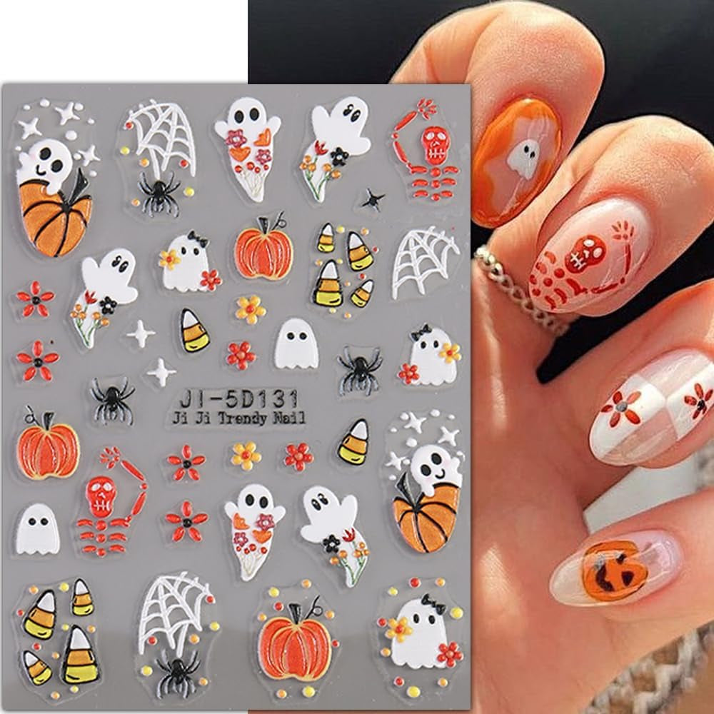 JMEOWIO 3D Nálepka na nehty Halloween Nail Art Nálepka Selbstklebend Nagelaufkleber 5D Stereoskopisch Süßer Geisterkürbis Dekoration Nageldesign Zubehör 4 Blatt