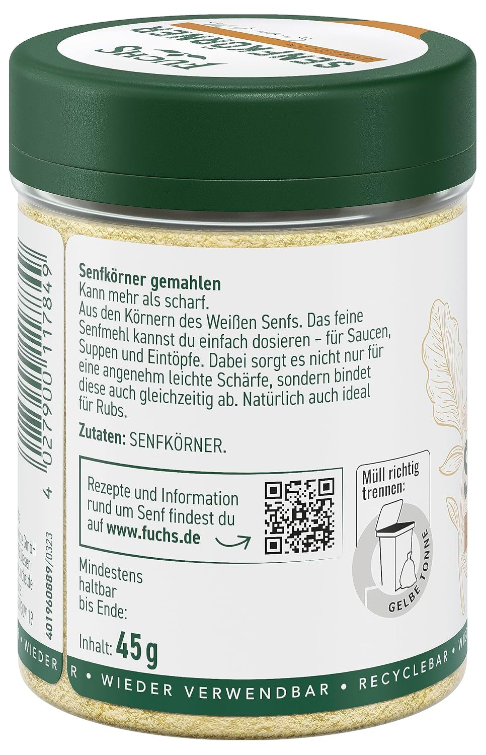 Fuchs Gewürze - Senfkörner gemahlen - für die Zubereitung von Rubs, zum Verfeinern von Suppen und Saucen - přírodní složky - 45 g v wiederverwendbarer, recyclebarer Dávka