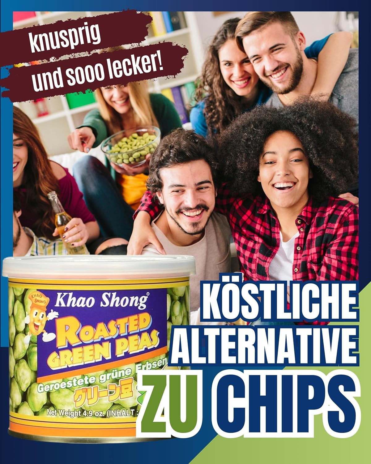 Khao Shong smažený zelený hrášek s wasabi, křupavý hrášek v pikantním těstíčku, nízkotučná alternativa k ořechům, středně pikantní, 1 plechovka 140 g | 140 g (1 balení)