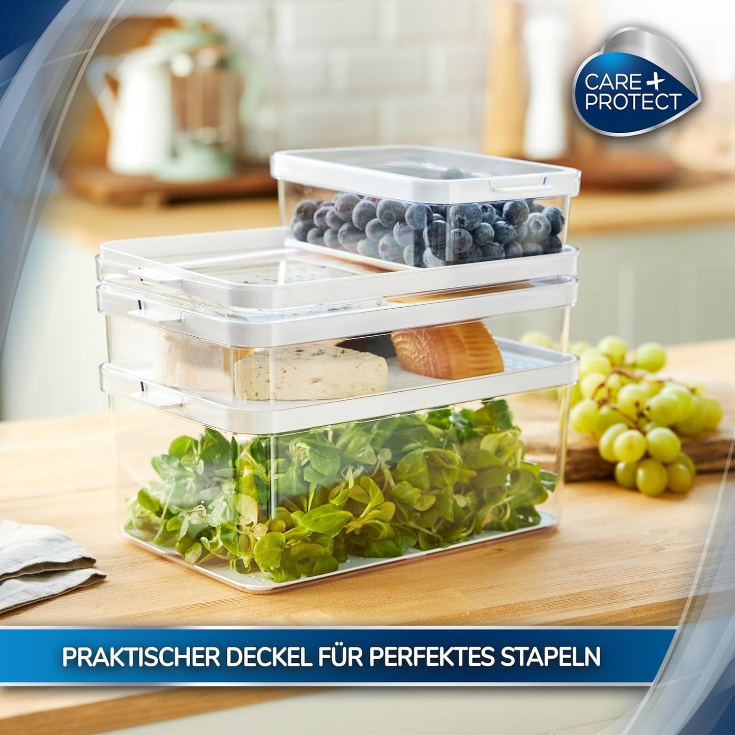 CARE + PROTECT Chytrá nádoba na potraviny, perfektně stohovatelná, organizér chladničky, chrání potraviny před vlhkostí, udrží potraviny déle čerstvé, 2,15 l Dózy na potraviny Naty Shop