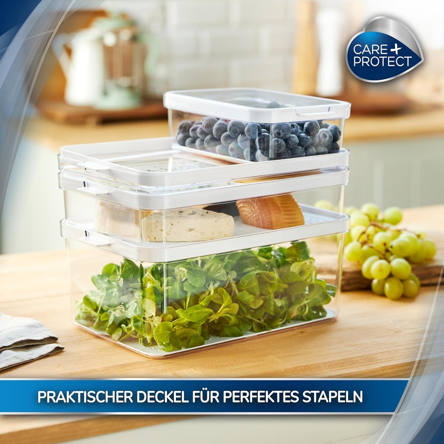 CARE + PROTECT Chytrá nádoba na potraviny, perfektně stohovatelná, organizér chladničky, chrání potraviny před vlhkostí, udrží potraviny déle čerstvé, 2,15 l Dózy na potraviny Naty Shop