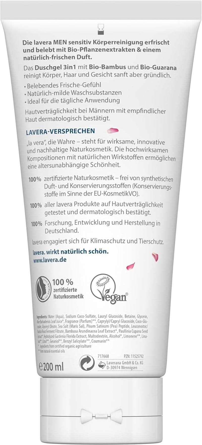 Lavera, Sprchový gel s bio bambusem a guaranou, 3v1, na pokožku, vlasy a obličej, 200 ml Sprcha a koupel Naty Shop