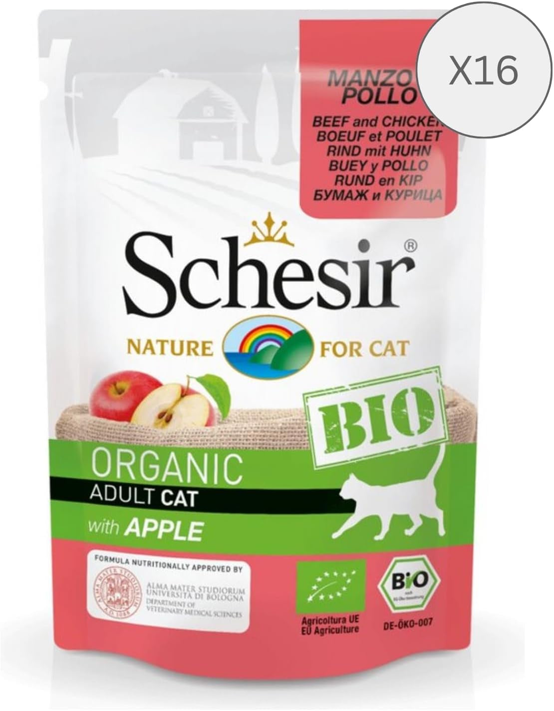 Cat Bio pro dospělé hovězí a kuřecí maso s jablkem, vlhké krmivo pro kočky, 16 sáčků x 85 g
