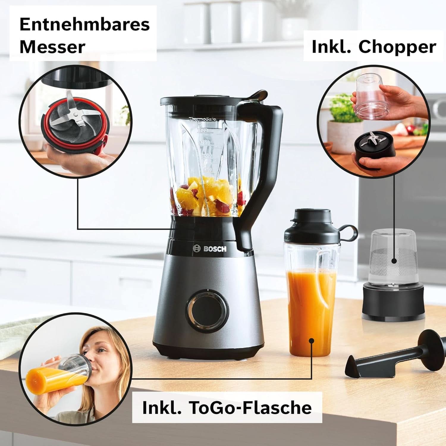 Bosch Standmixer Vitapower Serie 4 MMB6177S, Edelstahl-Klingen Made in Germany, 1,5L Thermosafe Glasbehälter, 0,6L To-Go-Flasche, Stopfer, Universalzerkleinerer, 30 000 U/Min, 1200 W, Silver Kitchen Naty Shop