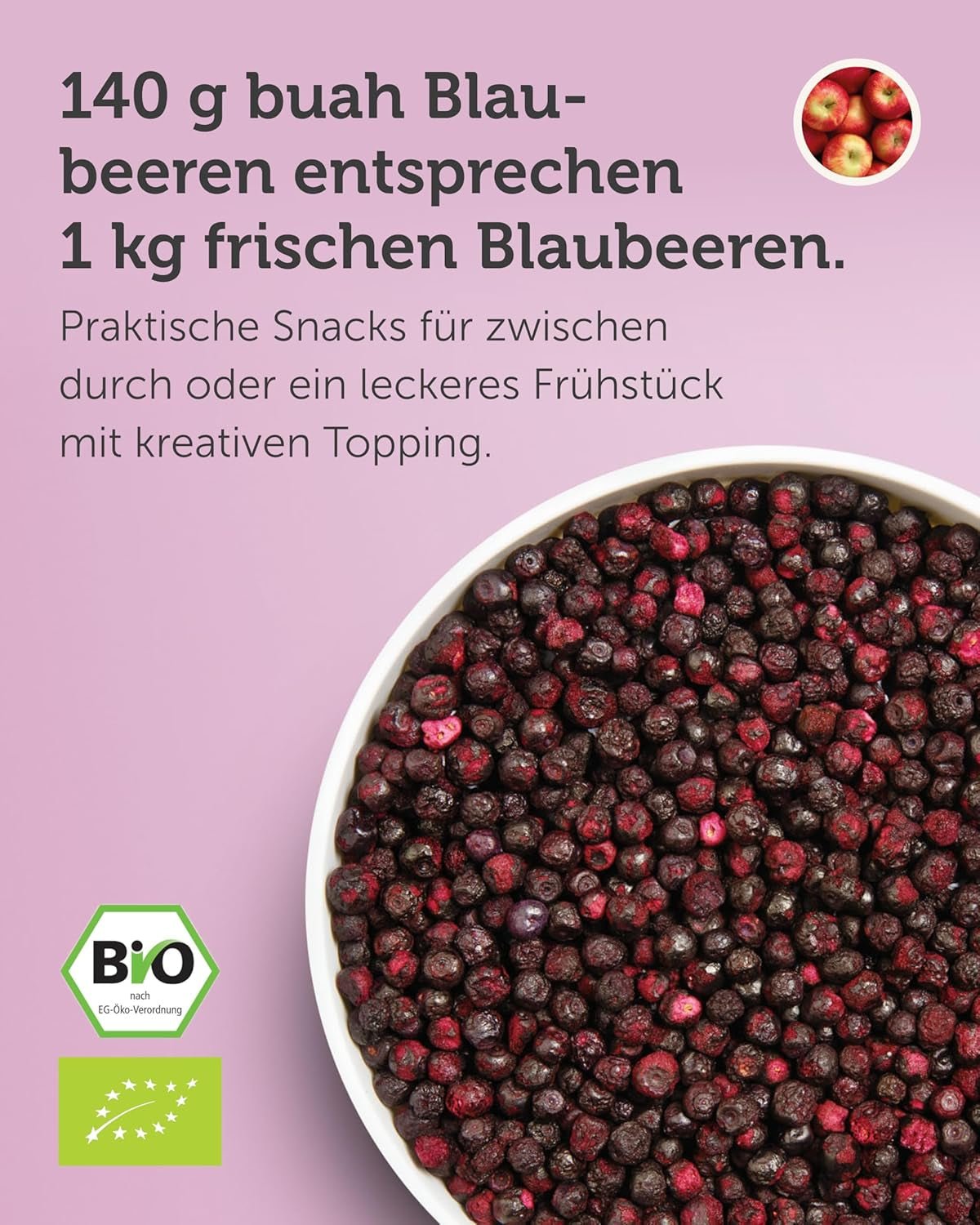 Lyofilizované bio borůvky BUAH® | Lyofilizované bio borůvky bez přidaného cukru | 100% mrazem sušené ovoce (veganské, bez lepku, bez laktózy) | Ideální svačina (140g) Dehydrované produkty Naty Shop