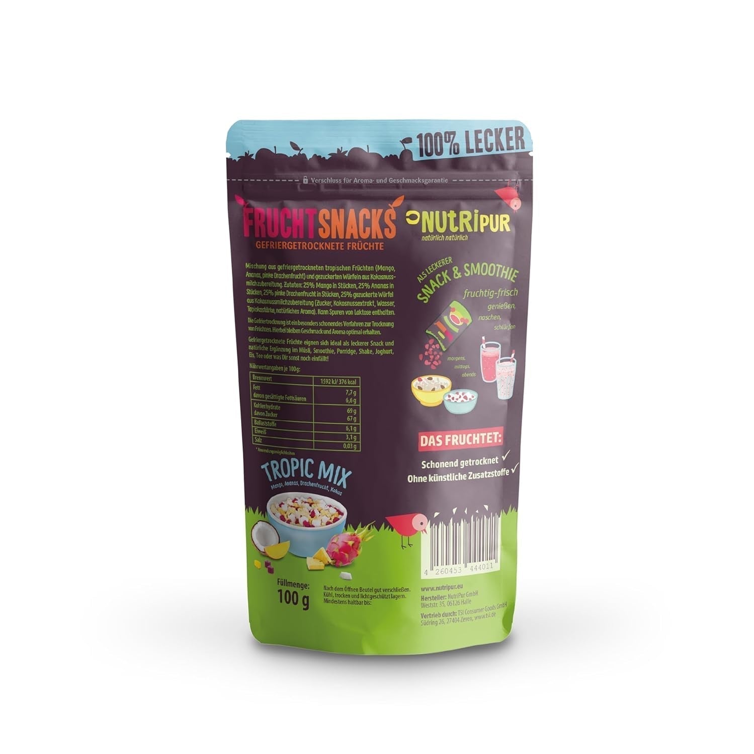 Směs lyofilizovaného ovoce "Tropic-Mix" 100g I Lesní ovoce a sušené ovoce I Směs kokosu, dračího ovoce, manga a ananasu I NutriPur Dehydrované produkty Naty Shop