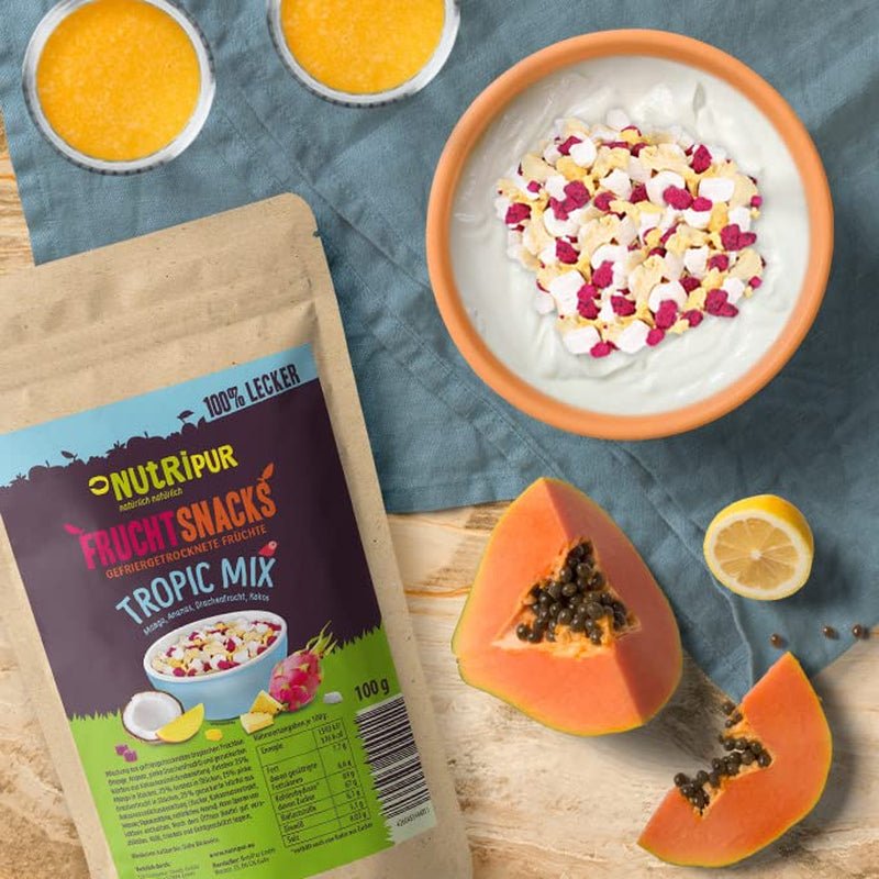 Směs lyofilizovaného ovoce "Tropic-Mix" 100g I Lesní ovoce a sušené ovoce I Směs kokosu, dračího ovoce, manga a ananasu I NutriPur Dehydrované produkty Naty Shop