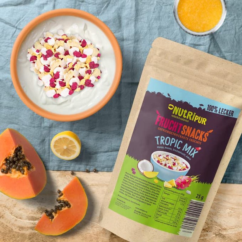 Směs lyofilizovaného ovoce "Tropic-Mix" 100g I Lesní ovoce a sušené ovoce I Směs kokosu, dračího ovoce, manga a ananasu I NutriPur Dehydrované produkty Naty Shop