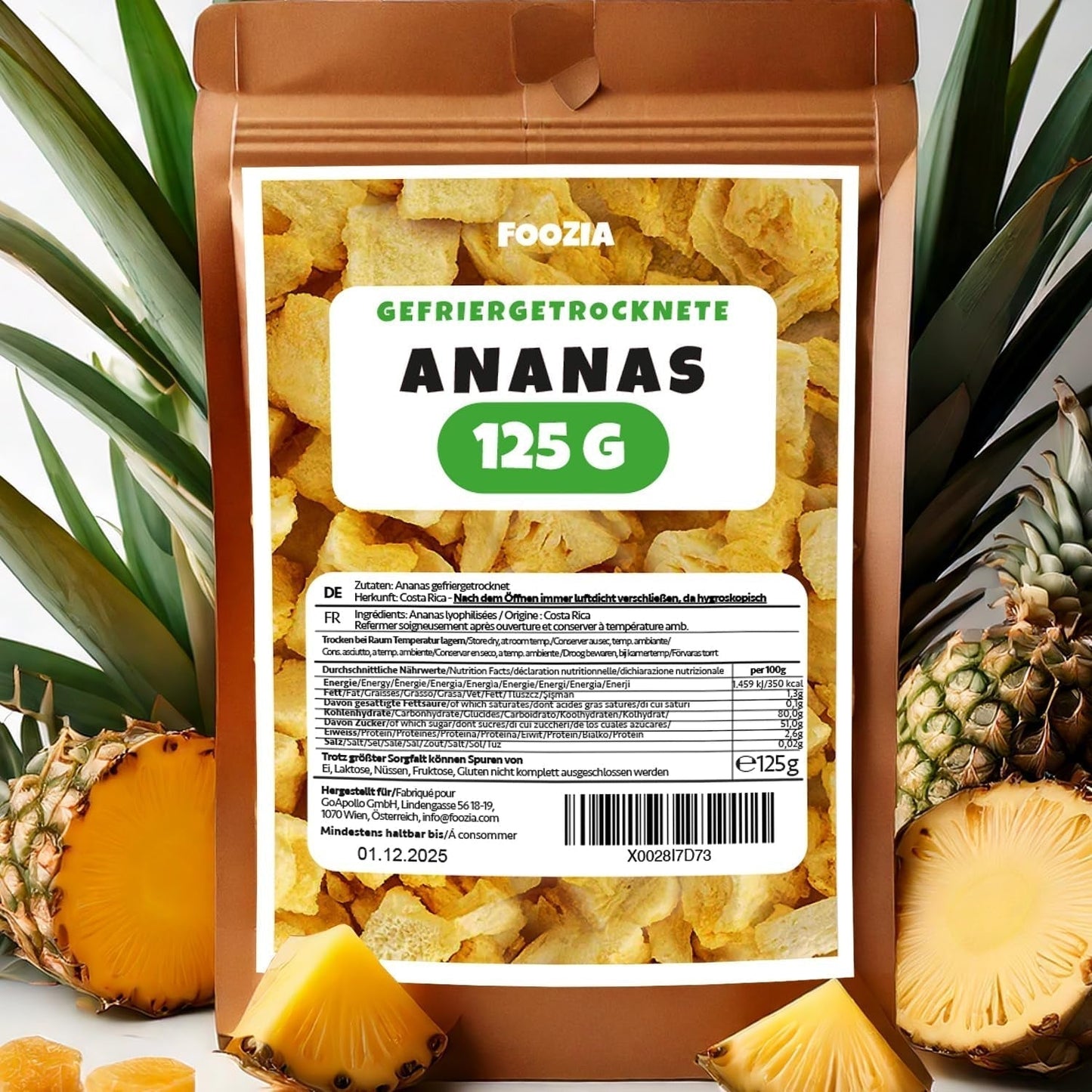 Lyofilizovaný ananas 125g velké kousky, Lyofilizované ovoce bez přísad 100% čisté - Přírodní sušené ovoce - Sušený ananas, sušené ovoce od Foozia Dehydrované produkty Naty Shop 125G