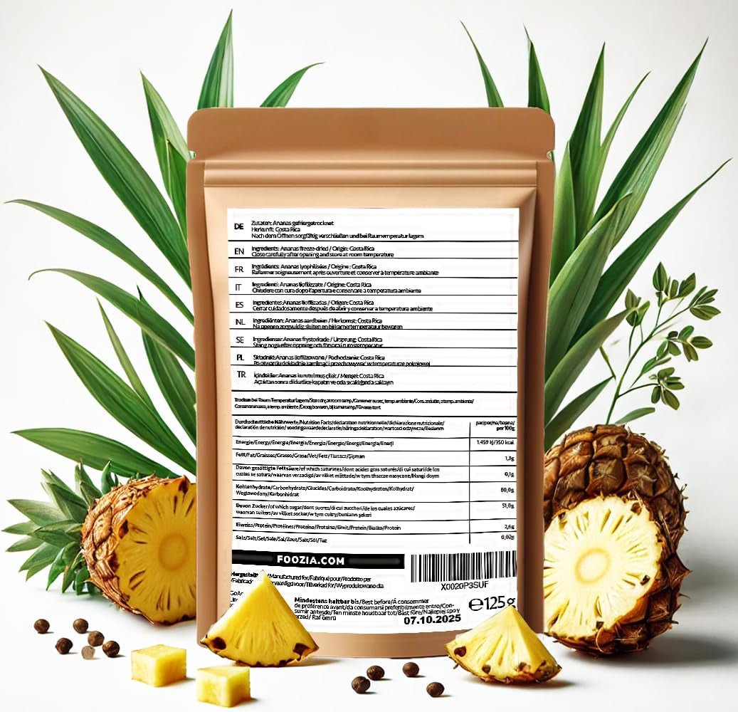 Lyofilizovaný ananas 125g velké kousky, Lyofilizované ovoce bez přísad 100% čisté - Přírodní sušené ovoce - Sušený ananas, sušené ovoce od Foozia Dehydratované produkty Naty Shop