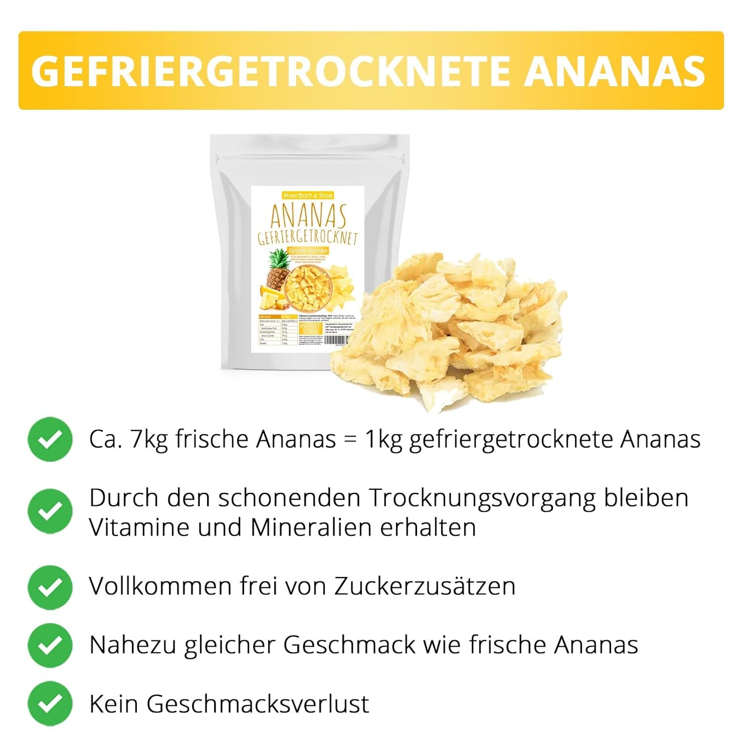 Lyofilizovaný ananas 250g, velké kousky, lyofilizované ovoce na plátky, neslazené, ovocné kousky ananasu, sušený ananas Dehydrované produkty Naty Shop