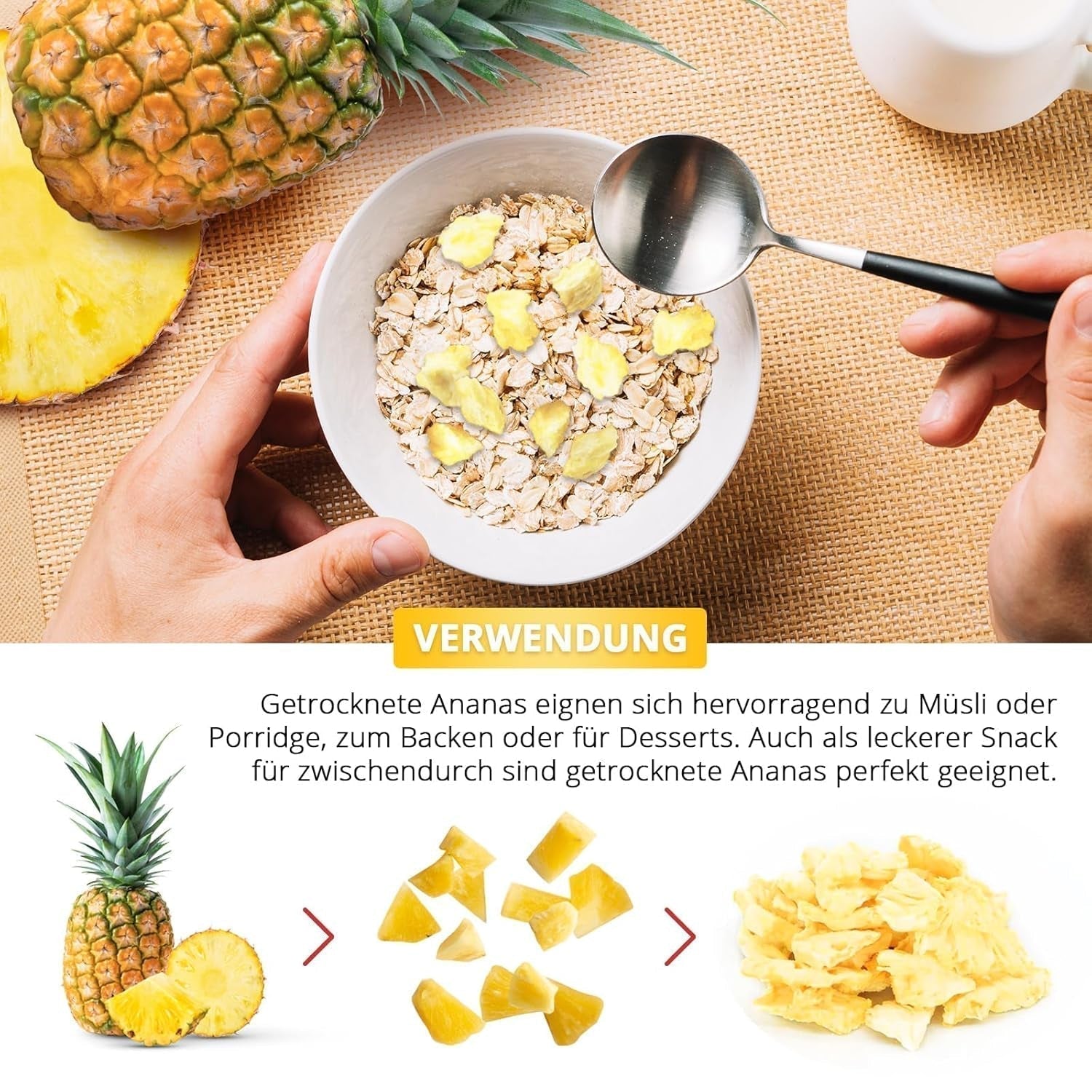 Lyofilizovaný ananas 250g, velké kousky, lyofilizované ovoce na plátky, neslazené, ovocné kousky ananasu, sušený ananas Dehydrované produkty Naty Shop