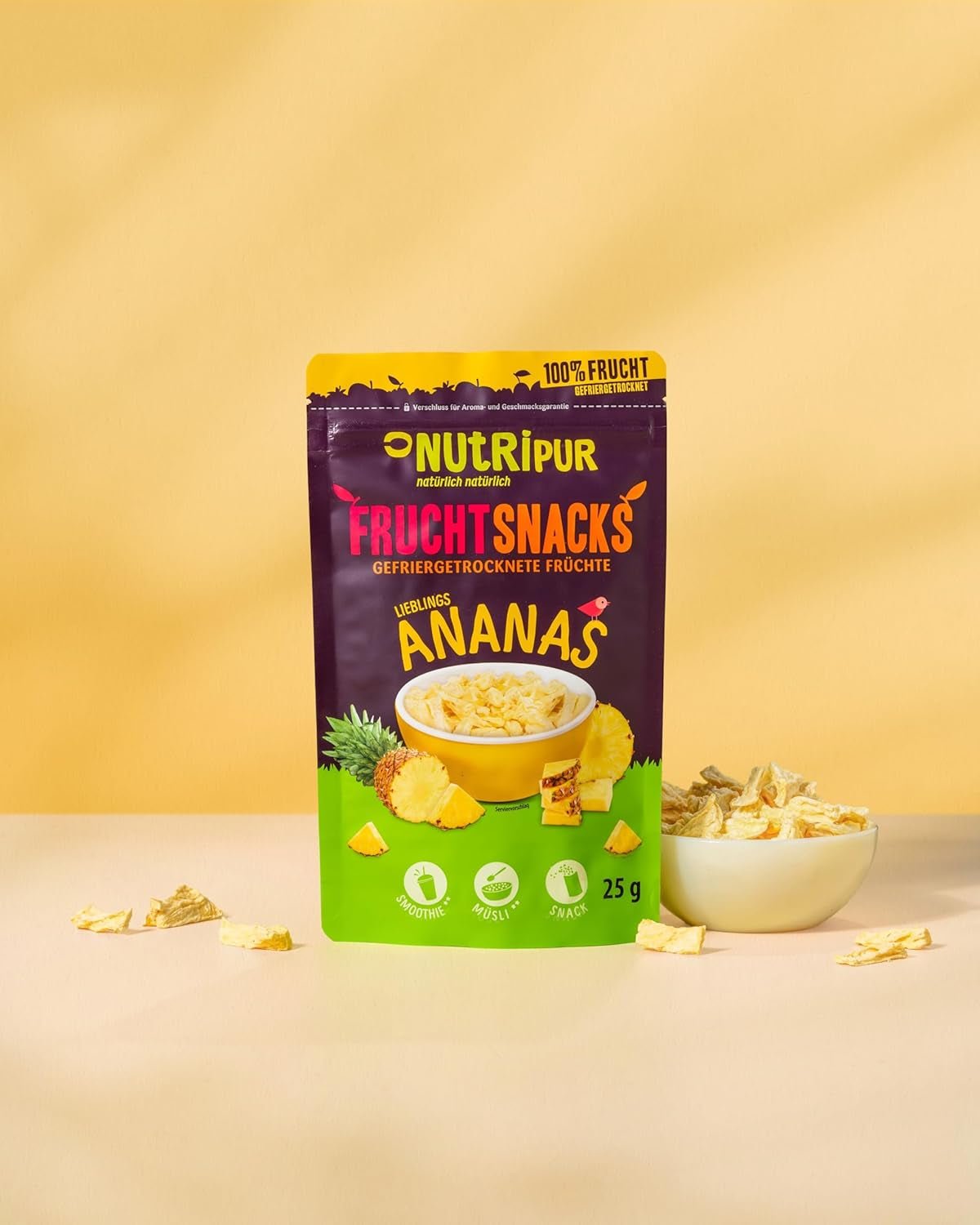 Lyofilizovaný ananas BITS 100g velké kousky do smoothie bowl, müsli, kaše - lyofilizované ovoce bez přidaného cukru - sušený ananas - ovoce od NutriPur Dehydratované produkty Naty Shop
