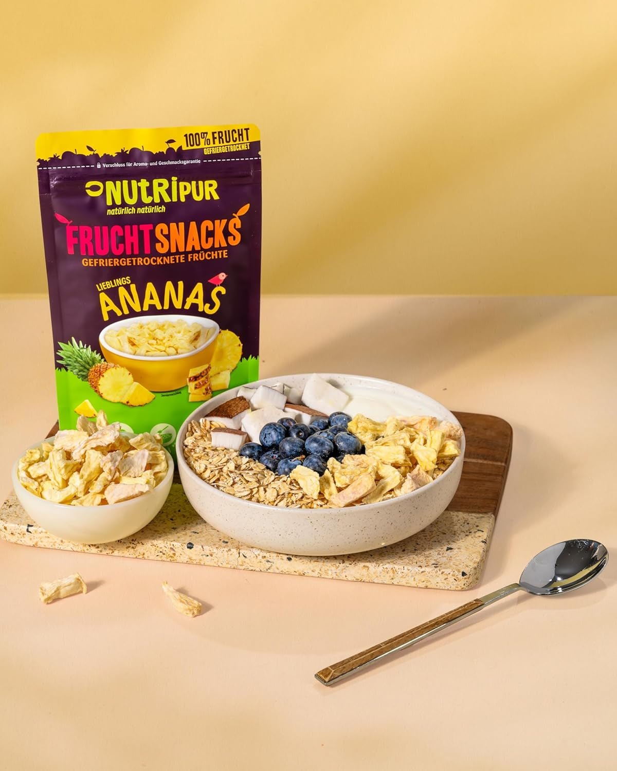 Lyofilizovaný ananas BITS 100g velké kousky do smoothie bowl, müsli, kaše - lyofilizované ovoce bez přidaného cukru - sušený ananas - ovoce od NutriPur Dehydratované produkty Naty Shop