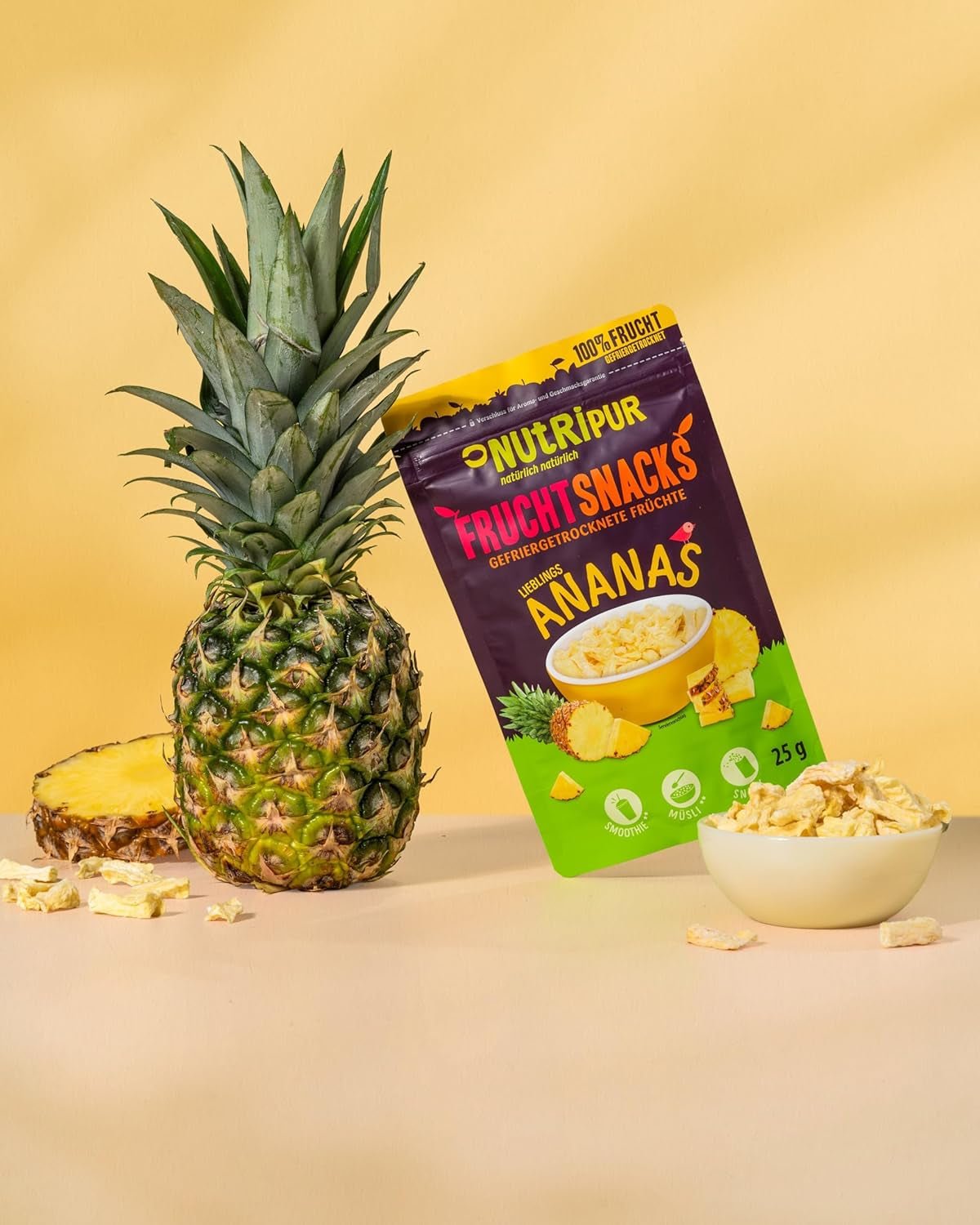 Lyofilizovaný ananas BITS 100g velké kousky do smoothie bowl, müsli, kaše - lyofilizované ovoce bez přidaného cukru - sušený ananas - ovoce od NutriPur Dehydratované produkty Naty Shop