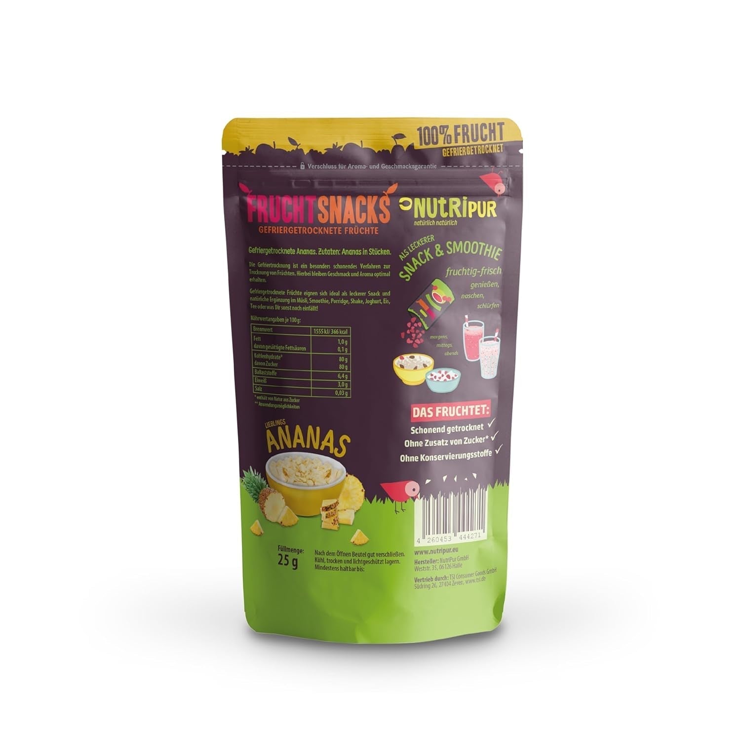 Lyofilizovaný ananas BITS 100g velké kousky do smoothie bowl, müsli, kaše - lyofilizované ovoce bez přidaného cukru - sušený ananas - ovoce od NutriPur Dehydratované produkty Naty Shop