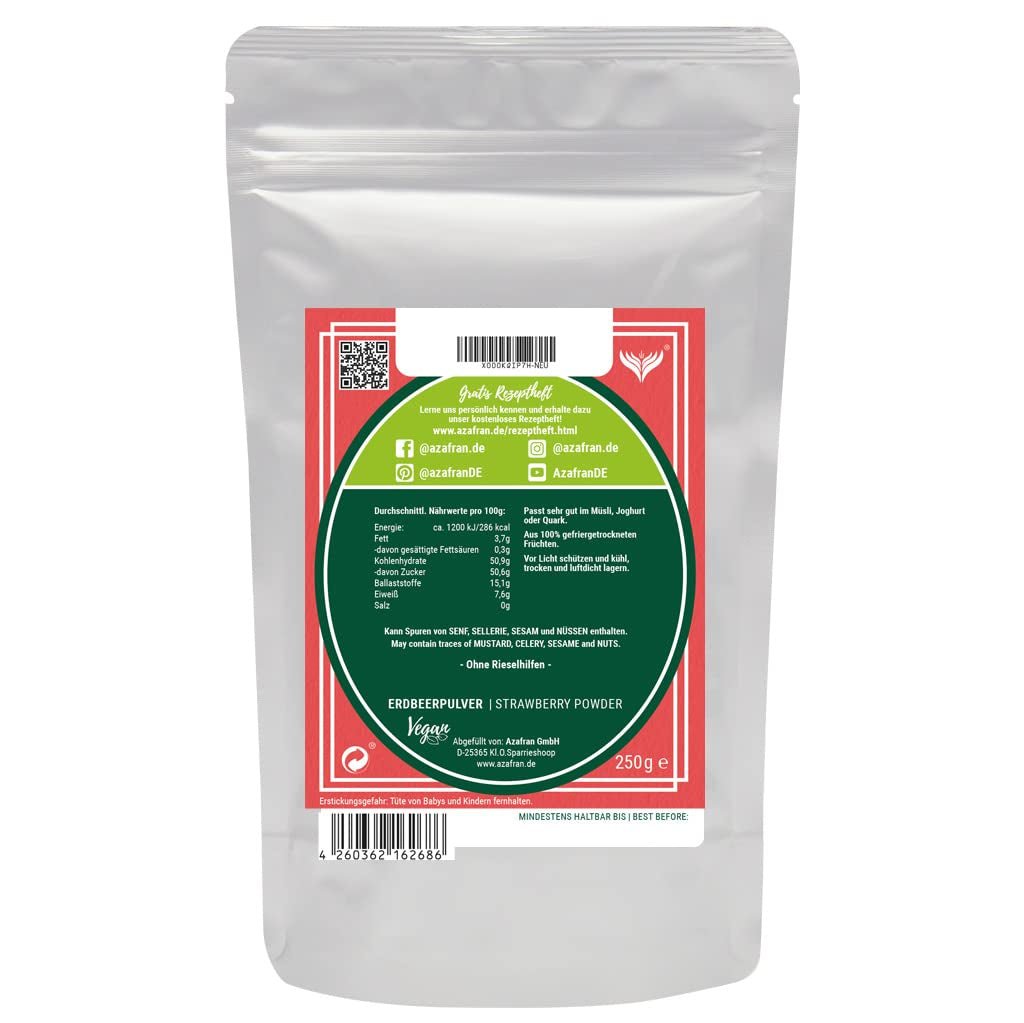 Azafran jahodový prášek, lyofilizované (mleté) jahody, jahodový prášek 250g Dehydrované produkty Naty Shop
