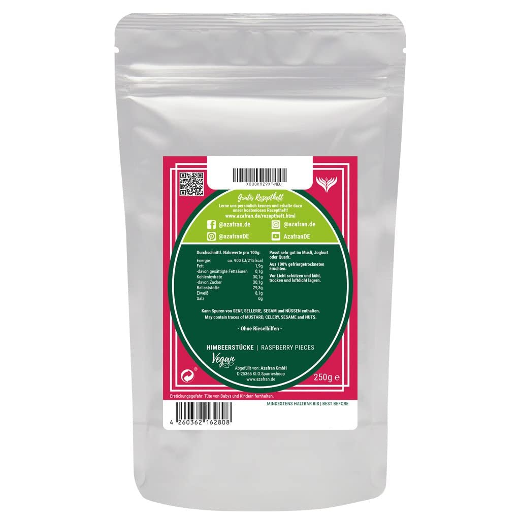 Azafran malina - lyofilizované kousky malin 250g Dehydrované produkty Naty Shop