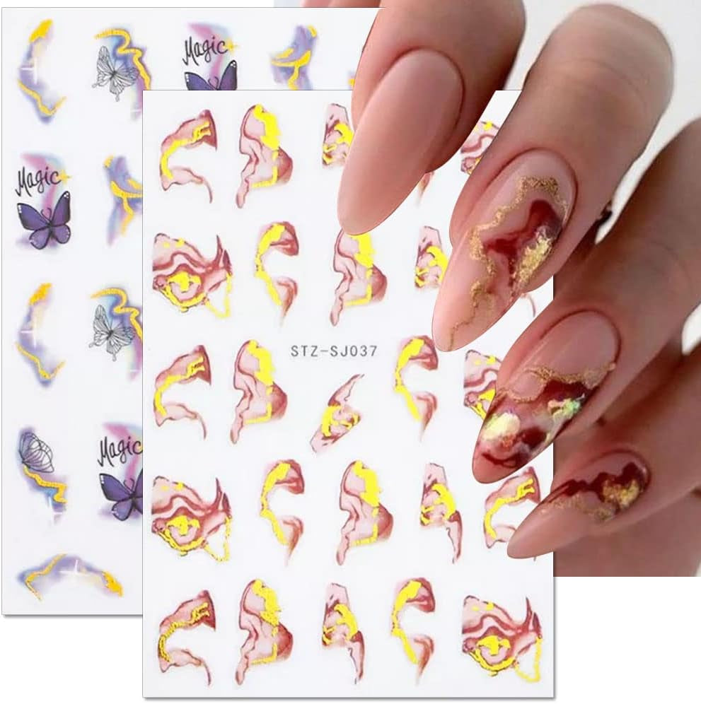 6 Blatt 3D Lila Schmetterling Samolepky na nehty Selbtklebend Nagelaufkleber Schmetterlinge Samolepky na nehty Bunte Blühen Marmor Nagel Stickers Regenbogen Welle Linien Nail Art Aufkleber Nageldesign Zubehör