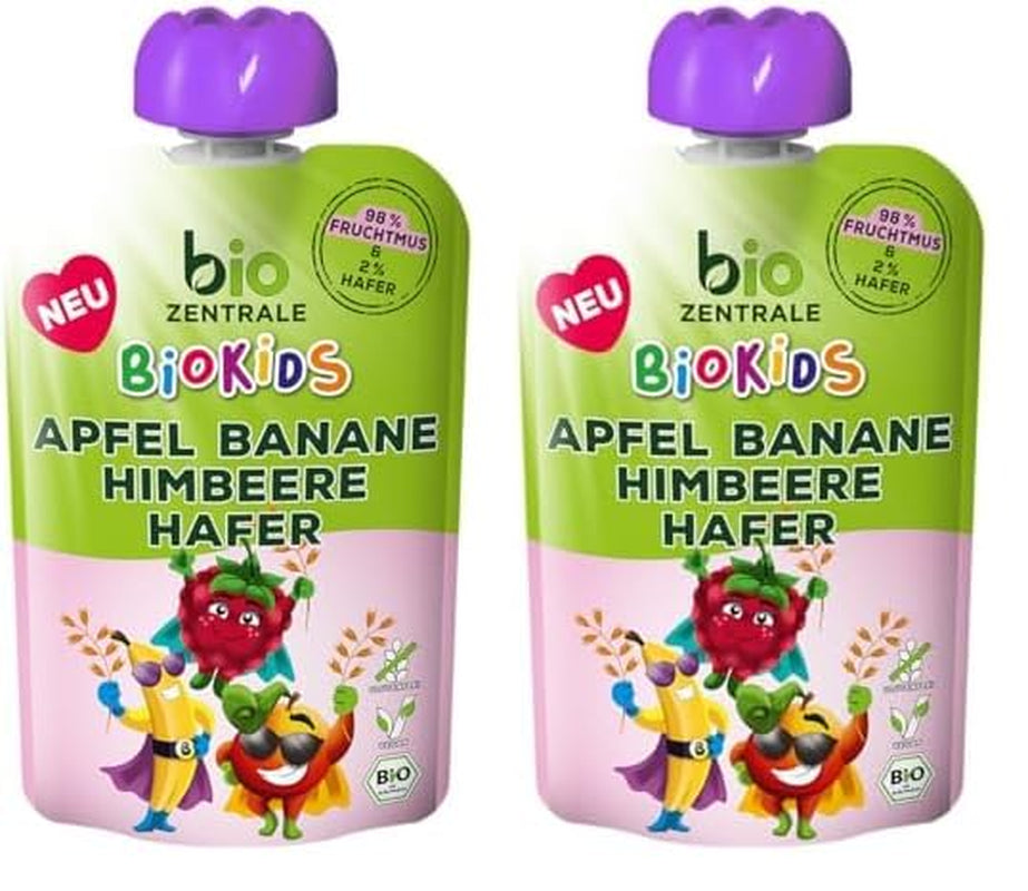 biocentral BioKids Ovocné pyré Jablko Banán Malina Oves | 12 x 90 g | Ovocná svačina bez přidaného cukru | Veganské (balení 2 ks)