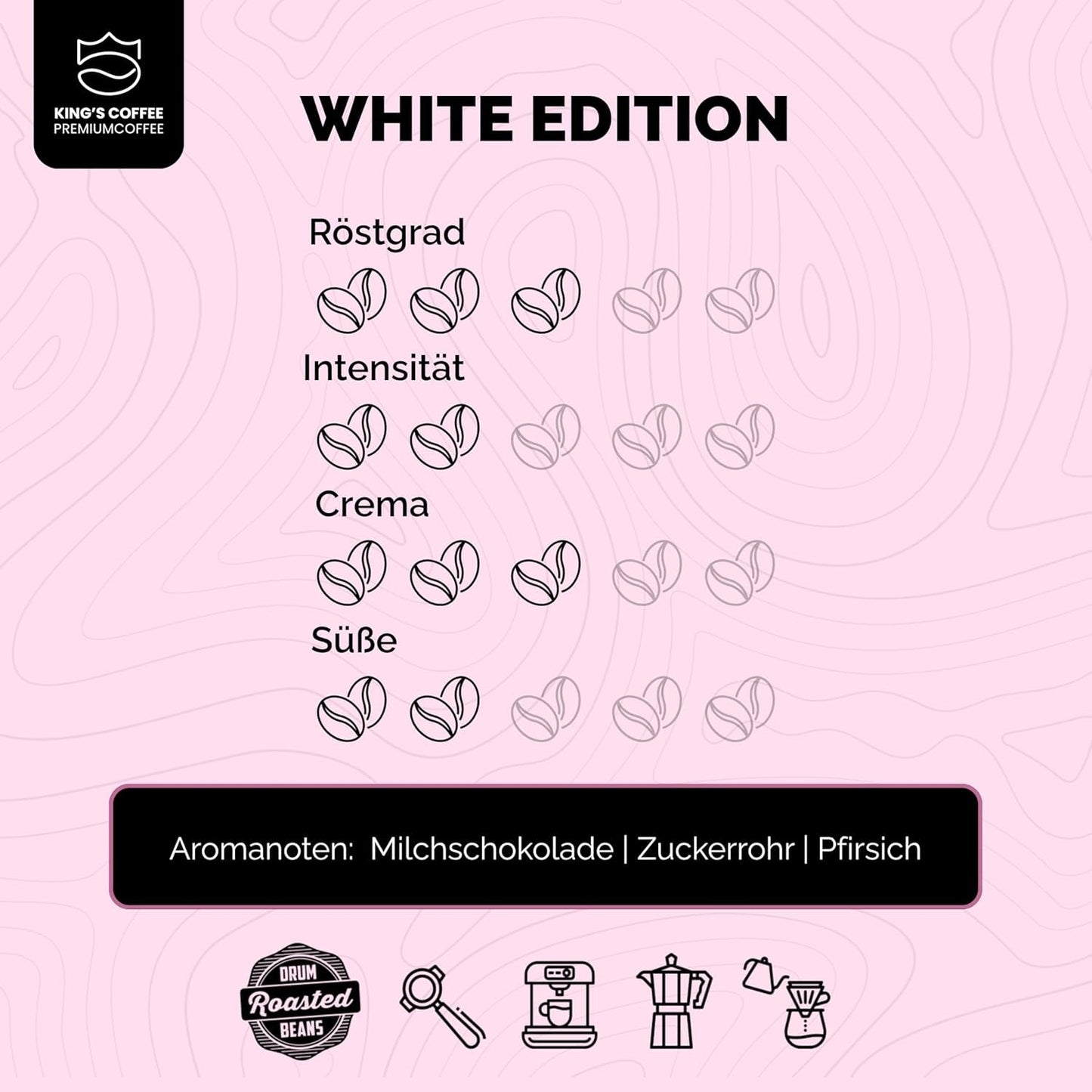 KING'S COFFEE - WHITE EDITION - lehká směs 100% Arabica z Etiopie, Mexika, Peru a Tanzanie - pražení malých dávek v Itálii - celá zrna espressa pro portafiltrační stroje - 1 kg