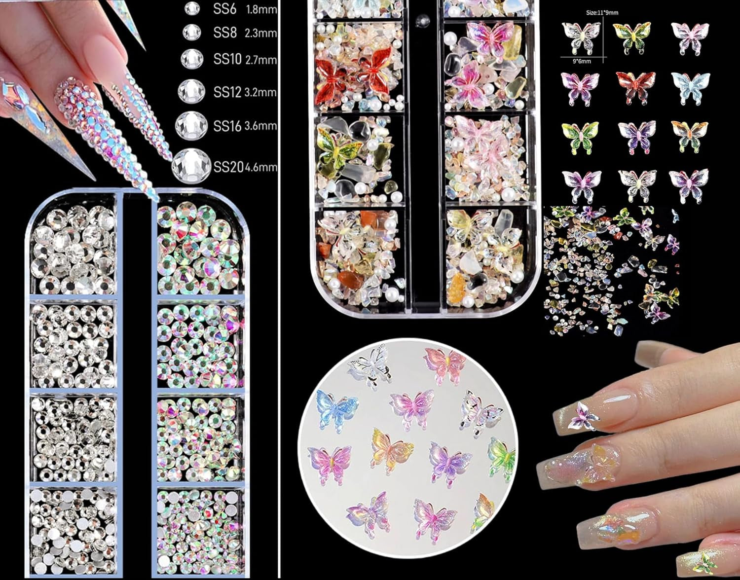 Nail Charms,6 Boxen Gold Silver Nagel Charms 3D Gold Bogen Stern Art Dekoration+6200 Strassstein ​​Bunt Steine ​​​​AB Perlen Diamanten, 3D Legierung Bow Nail Gems Nagel Deko Für Frauen Nagel (6-A)