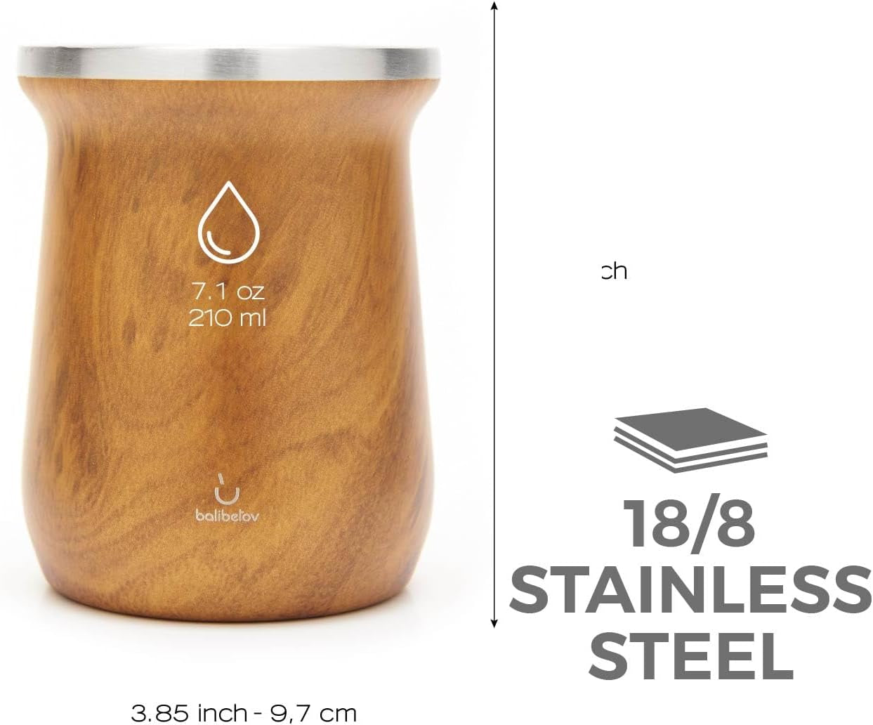Balibetový čajový set Yerba Mate (hrnek Mate) vyrobený z nerezové oceli s bombillou (brčko) pro maté, Snadno se čistí a velmi odolný set Yerba Mate (DŘEVO)