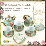 Keramická čajová souprava s kovovým stojánkem, 20 kusů Vintage květinový vzor Porcelánová čajová souprava, Evropský styl čajová souprava pro 6, 160 ml keramický šálek na čaj, 700 ml konvice, na večírky