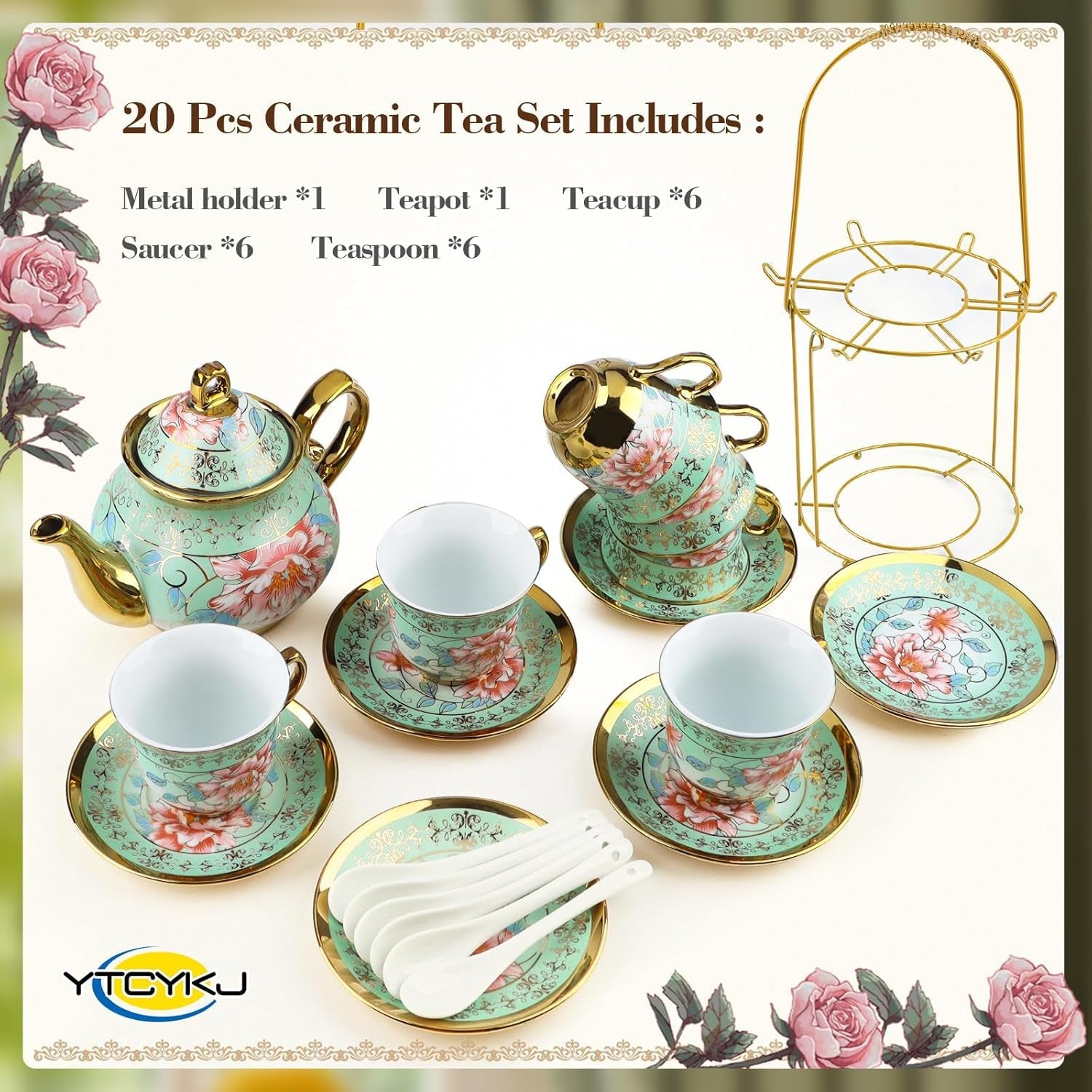 Keramická čajová souprava s kovovým stojánkem, 20 kusů Vintage květinový vzor Porcelánová čajová souprava, Evropský styl čajová souprava pro 6, 160 ml keramický šálek na čaj, 700 ml konvice, na večírky