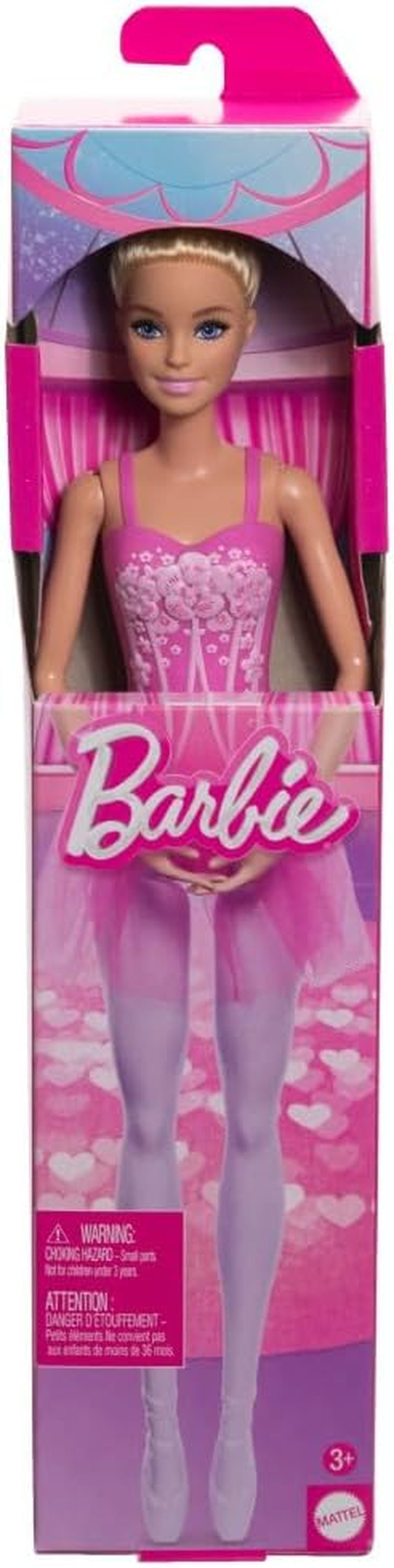 Panenka Barbie Ballerina Módní blonďatá panenka v odnímatelných lila Tutu s baletními pažemi a špičatými botami HRG34