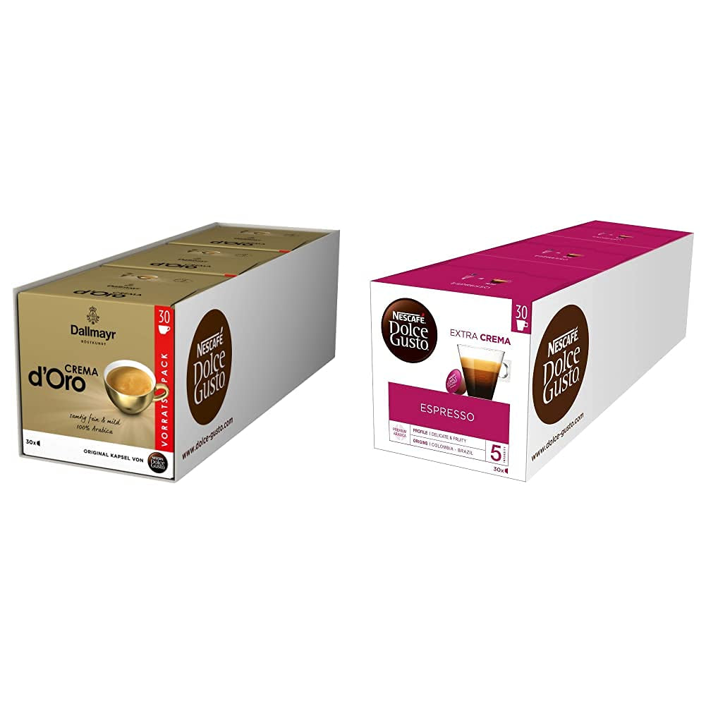 NESCAFÉ Dolce Gusto Dallmayr Crema d´Oro, XXL-Vorratsbox, 90 kafékapsel, 3er Pack (3 x 30 Kapseln) & Espresso, XXL-Vorratsbox, 90 Kaffeekapseln, Aromaversiegelte Kapseln, 30er Pack (3 x Kapseln)