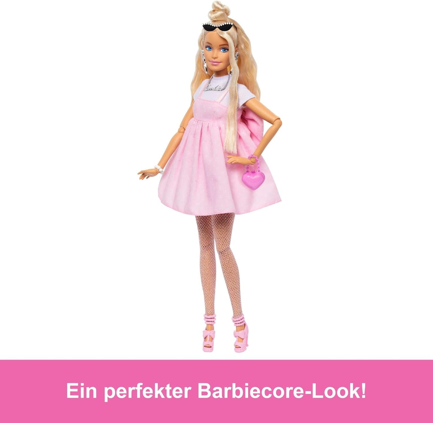 Panenka Barbie Deluxe Style č. 3 with Barbiecore outfit, blonde hair in a high bun, pastel pink dress with oversized bow and accessories like fishnet tights, HYV27
