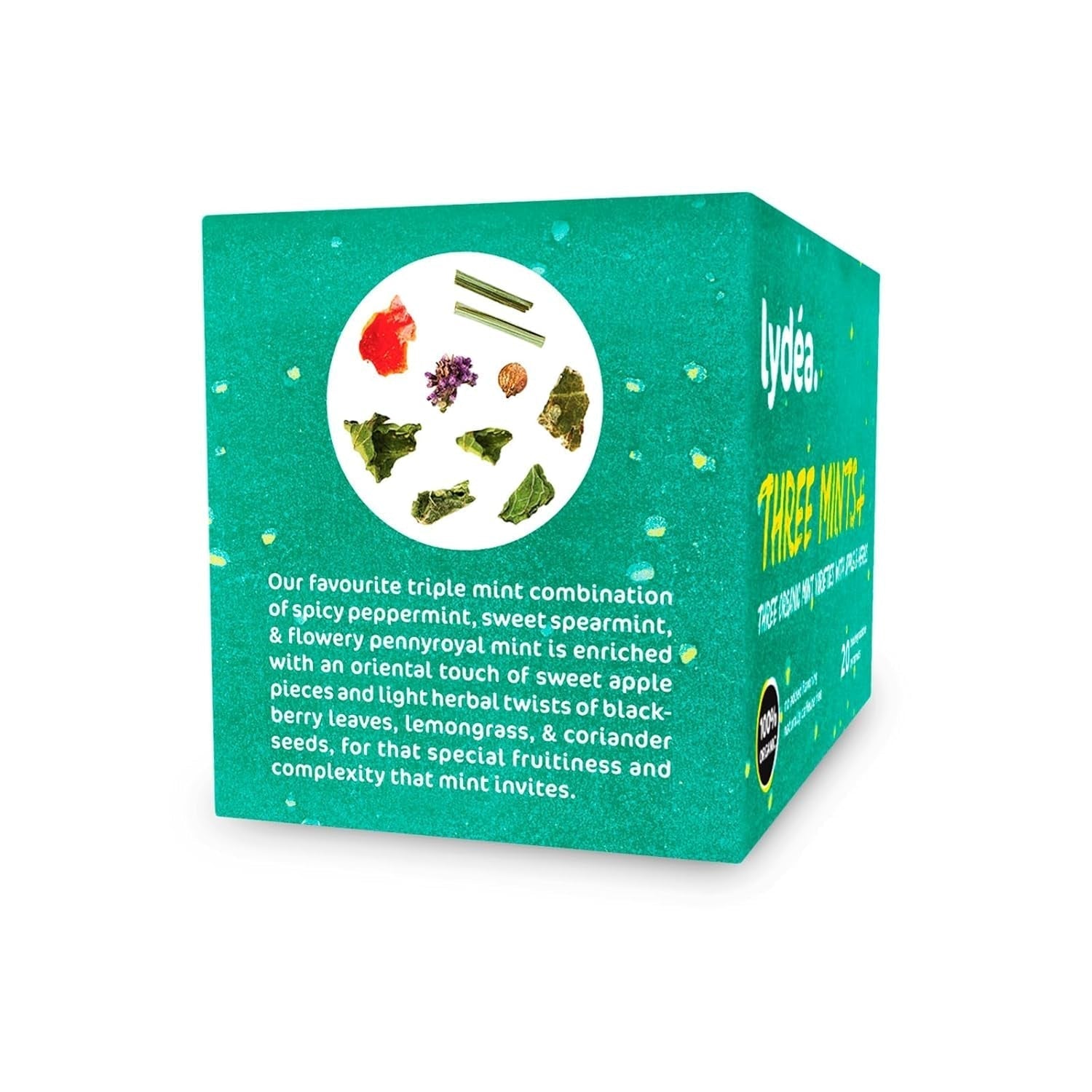 Lydea Three Mints+ Organický bylinný čaj se třemi druhy máty, jablka a bylinek, 60 pyramid, 3 balení [3 x 20 pyramid]