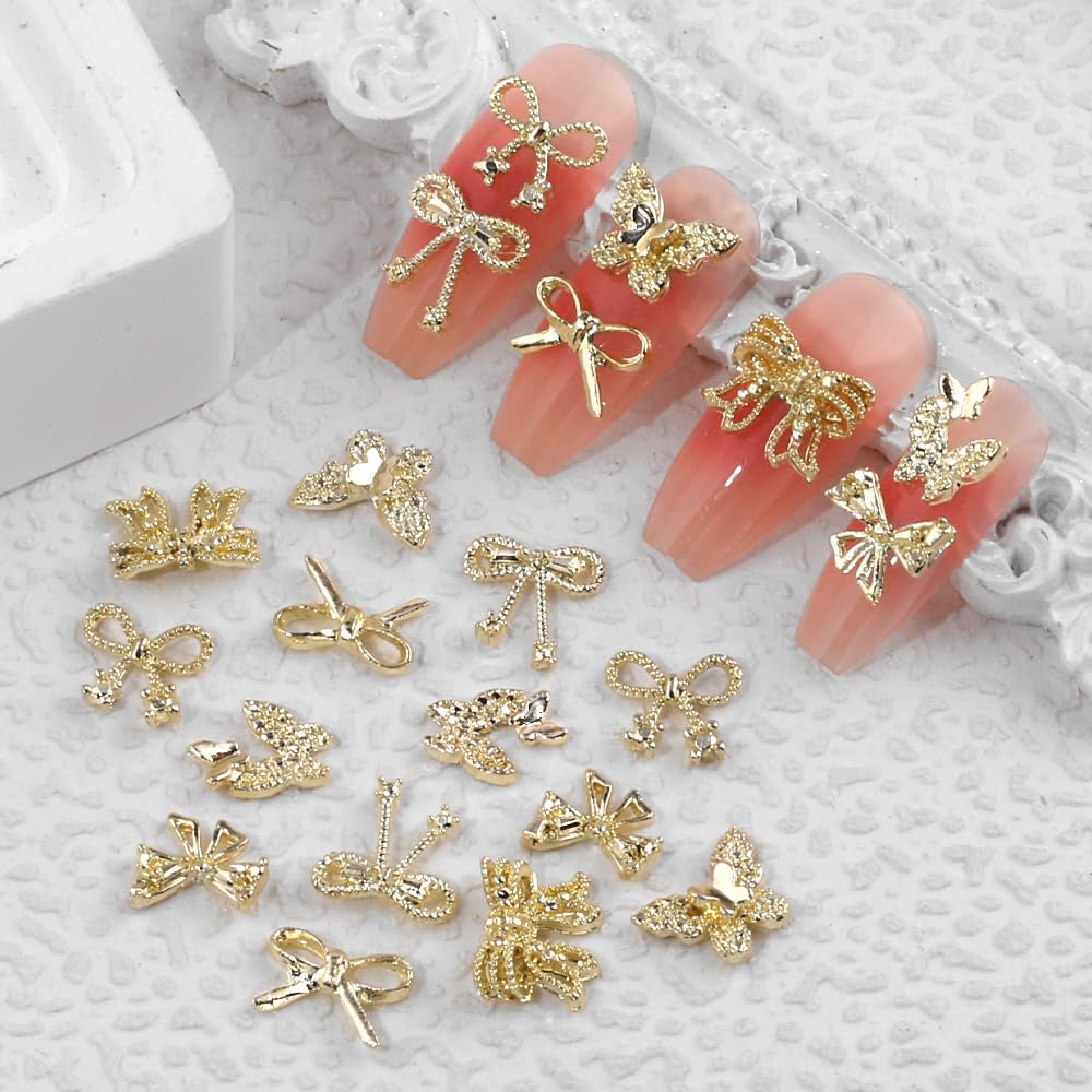 50Stück 3D zlatá mašle na nehty Butterfly Nail Art Charms Legierung Bogen Nagel Charms Nägel Zubehör Schleife Nagelschmuck Metall Schleifen Schmetterling Nageldesign Nagelanhänger Nailart Strasssteine