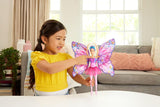 Barbie tanečnice a motýl 2 v 1 proměňující tanečnici v motýla s otevíracími křídly, fialovými vlasy, vlasovými doplňky a odnímatelnou tutu, HXJ10
