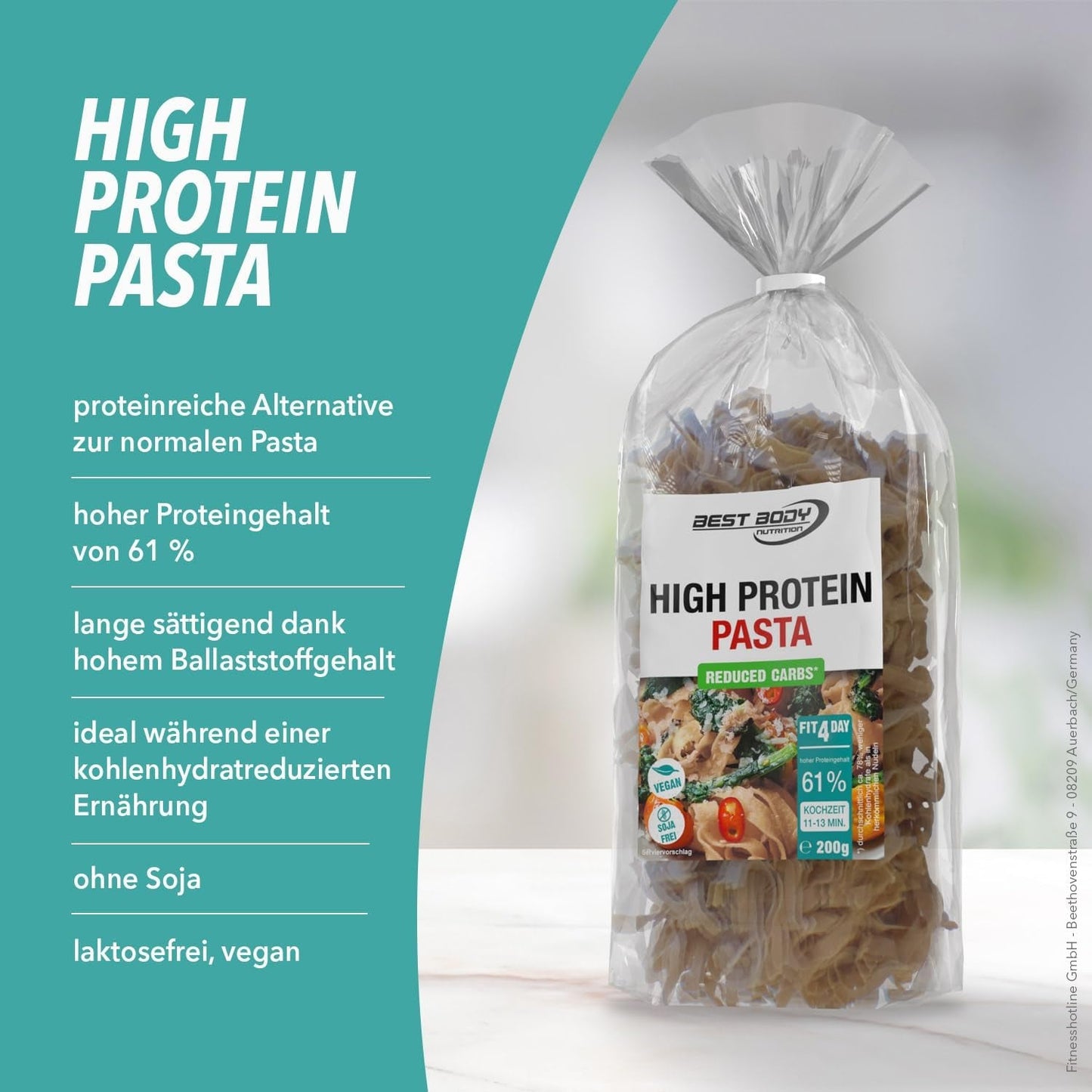 Nejlepší proteinové těstoviny pro tělovou výživu 6 x 200 g - Fit4Day High Protein Tagliatelle - 61 % proteinů, nízký obsah sacharidů, veganské a bez laktózy, bez sóji - vysoce kvalitní hrachový protein - pro nízkosacharidové diety