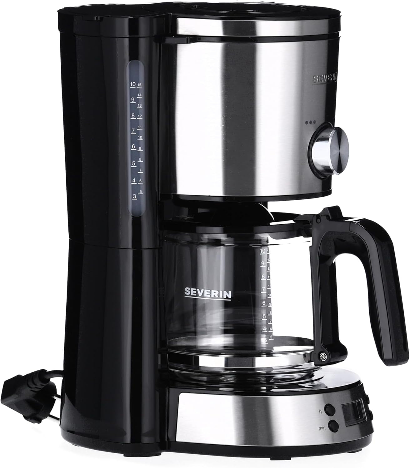 Espresso kávovar SEVERIN "TypeSwitch" se skleněnou karafou a časovačem, AromaSwitch pro výběr 2 možností spařování, digitální hodiny s funkcí časovače, až 10 šálků, 1000W, kartáčovaná nerez-černá, KA 4826