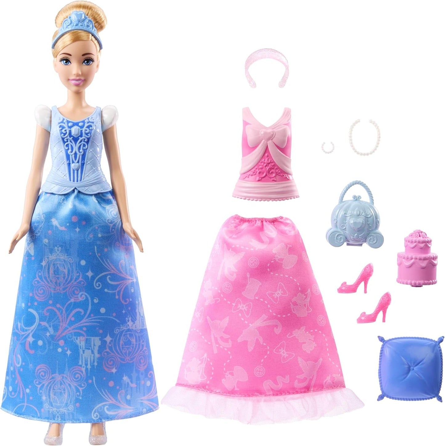 Módní panenka Mattel Disney Princess Toys Popelka se 2 oblečky, 9 doplňky, 2 topy se sponkami a 2 sukněmi. Příběhy 2 v 1 inspirované filmem Disney, JCR95