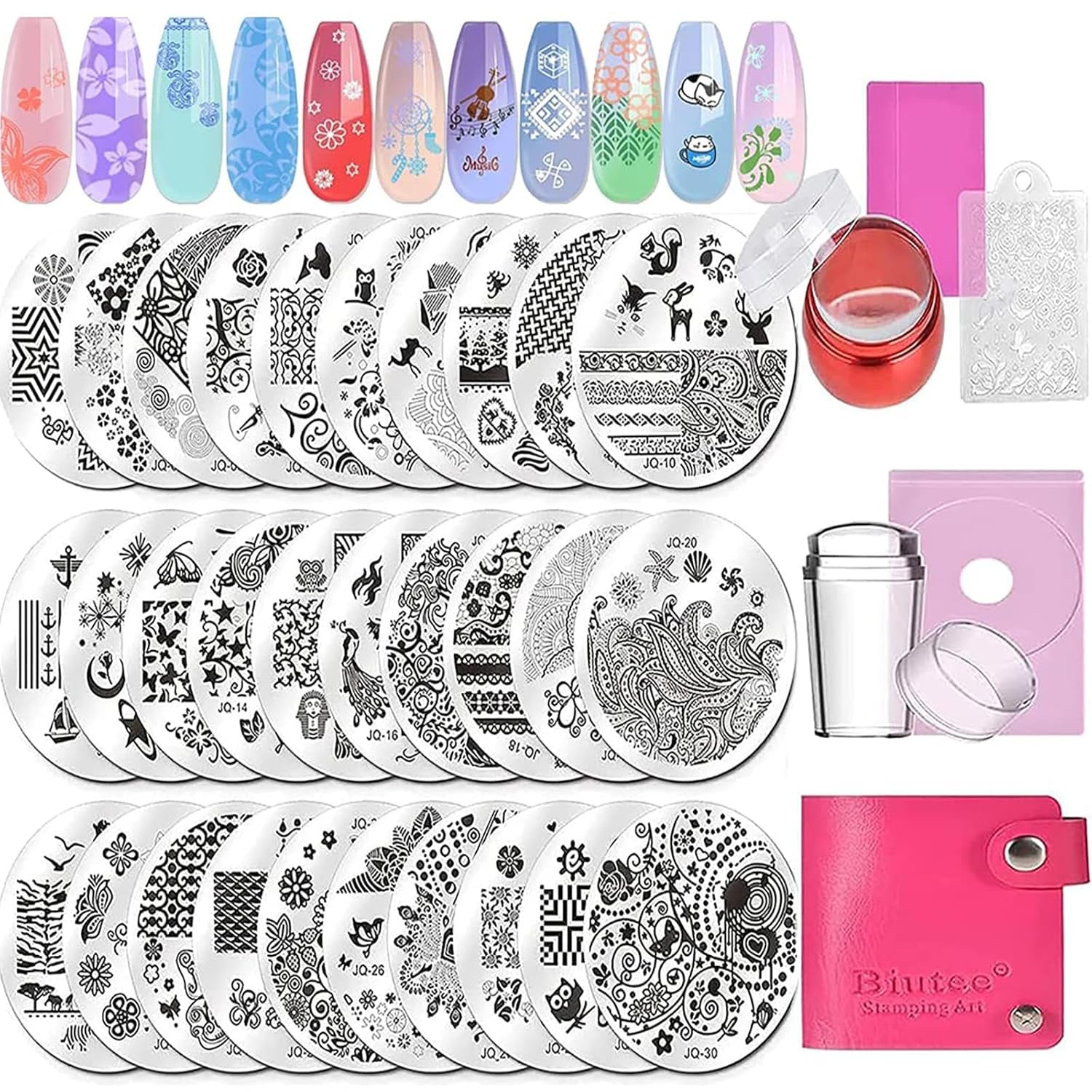 Razítko na nehty Biutee Nail Stamper 30 kusů Sada razítek na nehty Šablona na razítkování nehtů Zvířátka květiny Obrázky na razítkování nehtů se 2 razítky 2 škrabkami Příslušenství na design nehtů Francouzské razítko na nehty