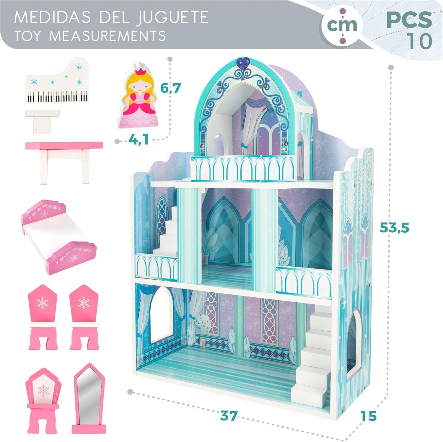 Dřevěný domeček pro panenky, dřevěné zámky pro princezny, domečky pro panenky, 3 patra, zámky pro princezny, 9 dřevěných dílků, 37x15x53,5 cm, dřevěná hračka, věk 3+