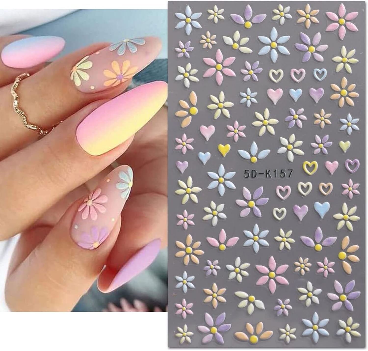 JMEOWIO 3D Nálepka na nehty Blume Frühlings Nálepka na nehty Selbstklebend Nagelaufkleber 5D Stereoskopisch Summer Bunter Blumen Dekoration Nageldesign Zubehör 4 Blatt